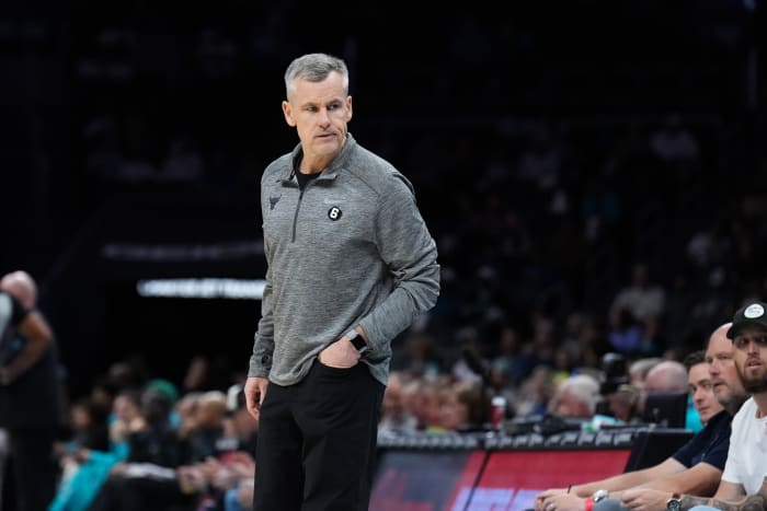 Mar 31, 2023; Charlotte, North Carolina, USA; Chicago Bulls head coach Billy Donovan on the floor in the first quarter against the Charlotte Hornets at Spectrum Center.